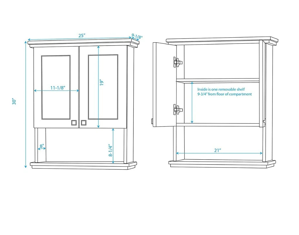 Wall Cabinets: 25'' W x 30'' H x 9.125'' D Solid Wood Wall Mounted Bathroom Cabinet